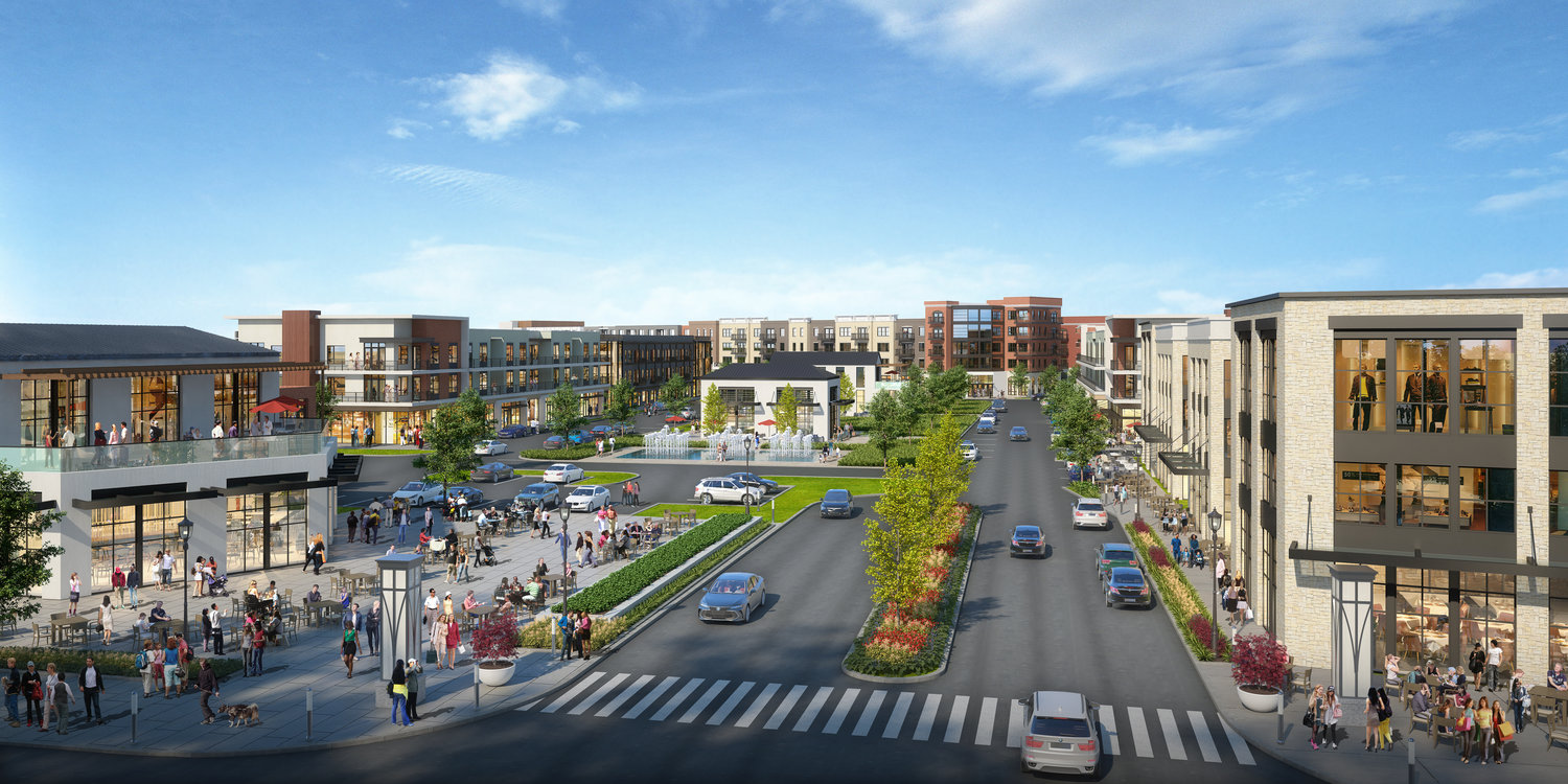 A rendering shows a planned mixed-use development on Highland Colony Parkway.